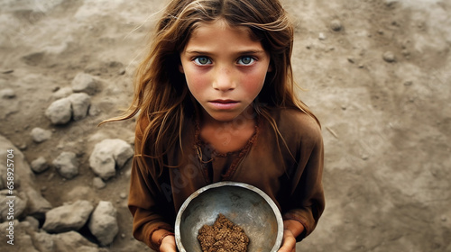 poor girl holding a bowl in her hands photo