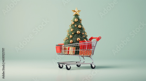 Shopping cart with decorated christmas tree, market trolley. Christmas tree with decorations in a supermarket cart. Christmas shopping, sale, advertisement, creative Xmas or New Year concept