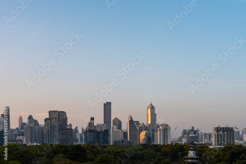 Bangkok panoramic skyline with office buildings and park. Copy space