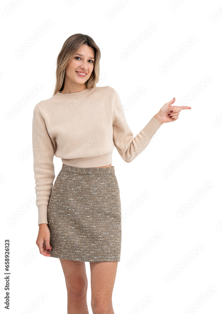 Cheerful young woman pointing sideways, isolated Cheerful young woman pointing sideways, isolated