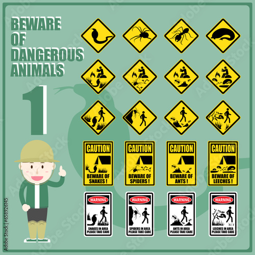 Set of safety caution and warning signs to inform people to beware of dangerous animals. Sign and symbols for remind people in risk of dangerous animals area. 