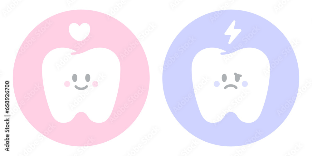 Tooth character. 이빨 캐릭터. Happy and sad tooth characters vector illustration. 행복한 이빨과 슬픈 이빨 캐릭터 벡터 일러스트.