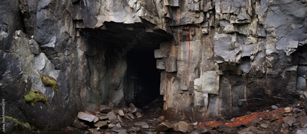 Dark cave entrance in Spro Nesodden Norway With copyspace for text