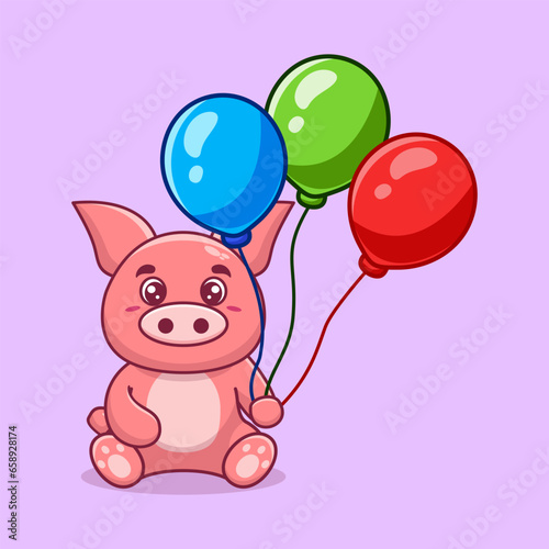 Vector pig holding balloon cute cartoon vector icon illustration. animal nature icon concept creative kawaii cartoon mascot logo