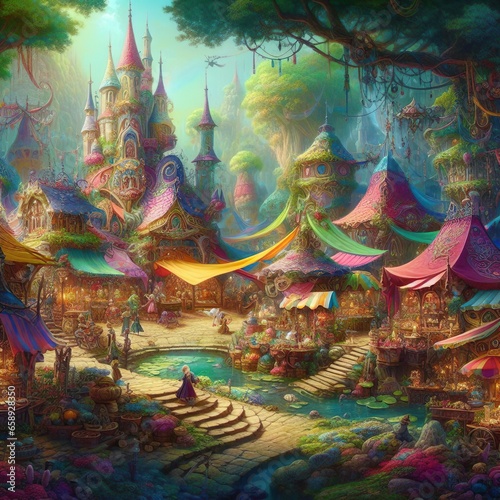 AI illustration of Magical Marketplace, colorful, fantasy, Cartoonish, landscape