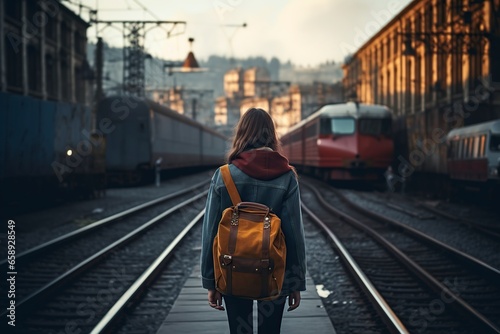 beautiful girl walking along a train line