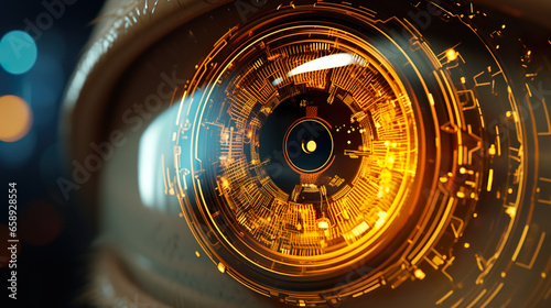 An intense close-up of a digital eye concept featuring an abstract retina and pupil photo