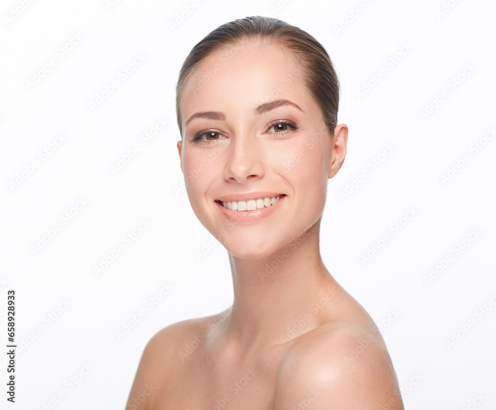 Woman, skincare and studio for beauty portrait or cosmetic skin peel, spa glow or smile. Female model, face and natural detox or hydra facial wellness results for shine, clean on white background Woman, skincare and studio for beauty portrait or cosmetic skin peel, spa glow or smile. Female model, face and natural detox or hydra facial wellness results for shine, clean on white background