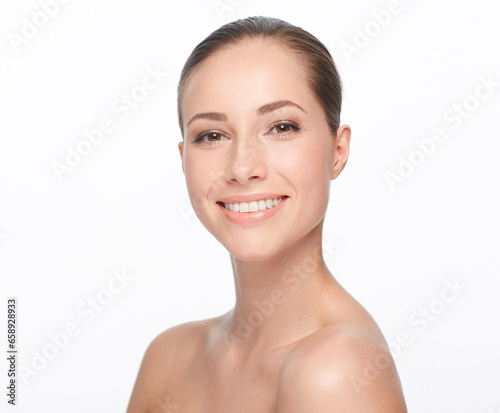 Woman, skincare and studio for beauty portrait or cosmetic skin peel, spa glow or smile. Female model, face and natural detox or hydra facial wellness results for shine, clean on white background
