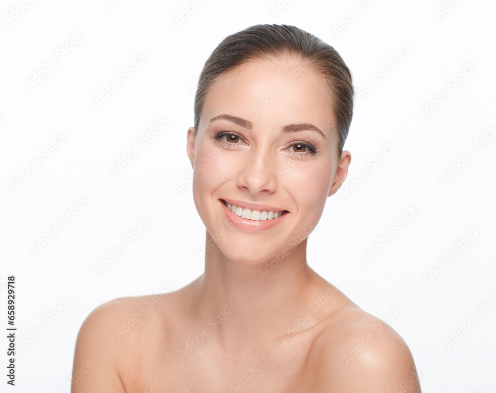 Woman, skincare or studio for shine portrait beauty or cosmetic peel, glow or smile. Model face, clean natural detox or facial exfoliate wellness results, collagen shine hydration on white background Woman, skincare or studio for shine portrait beauty or cosmetic peel, glow or smile. Model face, clean natural detox or facial exfoliate wellness results, collagen shine hydration on white background