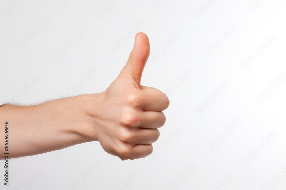 Close-up of a human hand showing thumbs up isolated on white background. Gesturing of trust, agreement, positive green signal, validation, like, and support.