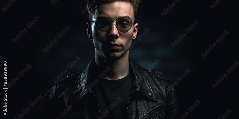 Portrait of a Young Man with sunglasses, Posing. Handsome Male in black leather jacket on a Black Background. Men's autumn fashion