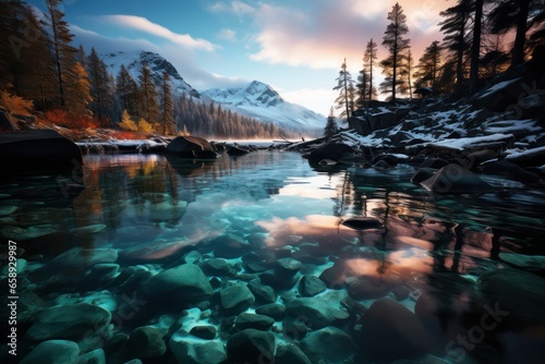 Winter landscape illumination  snowy mountains  sea  blue sky reflected in water at dusk.