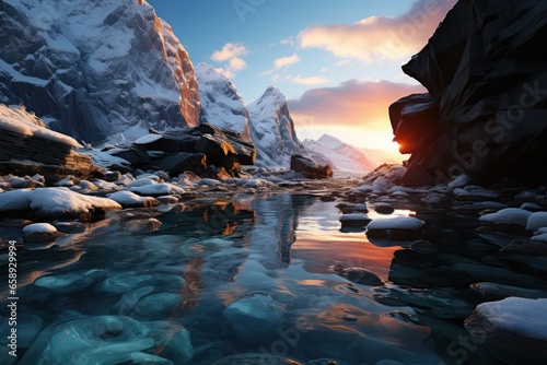 Winter landscape illumination, snowy mountains, sea, blue sky reflected in water at dusk.