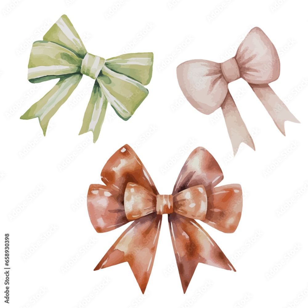 Watercolor collection of red, pink and green bow, coiled ribbons. Watercolor vector holiday bow tie decor for Christmas, new Year, birthday, Valentines, isolated on white background.