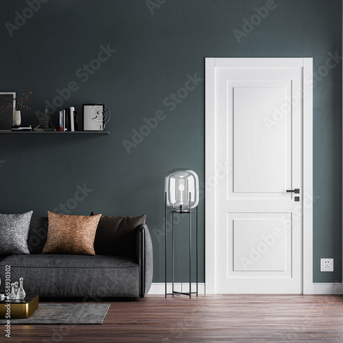 living room with sofa Interior wall shelf with door mockup ,single  gray wall background with carpet on wooden floor