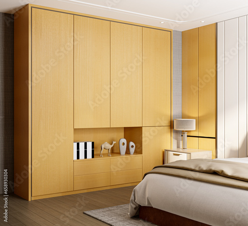 modern bedroom with bed and side table with wooden Yalow cabinet, Modern bedroom with wooden bed frame, wooden wardrobe with stylish art photo