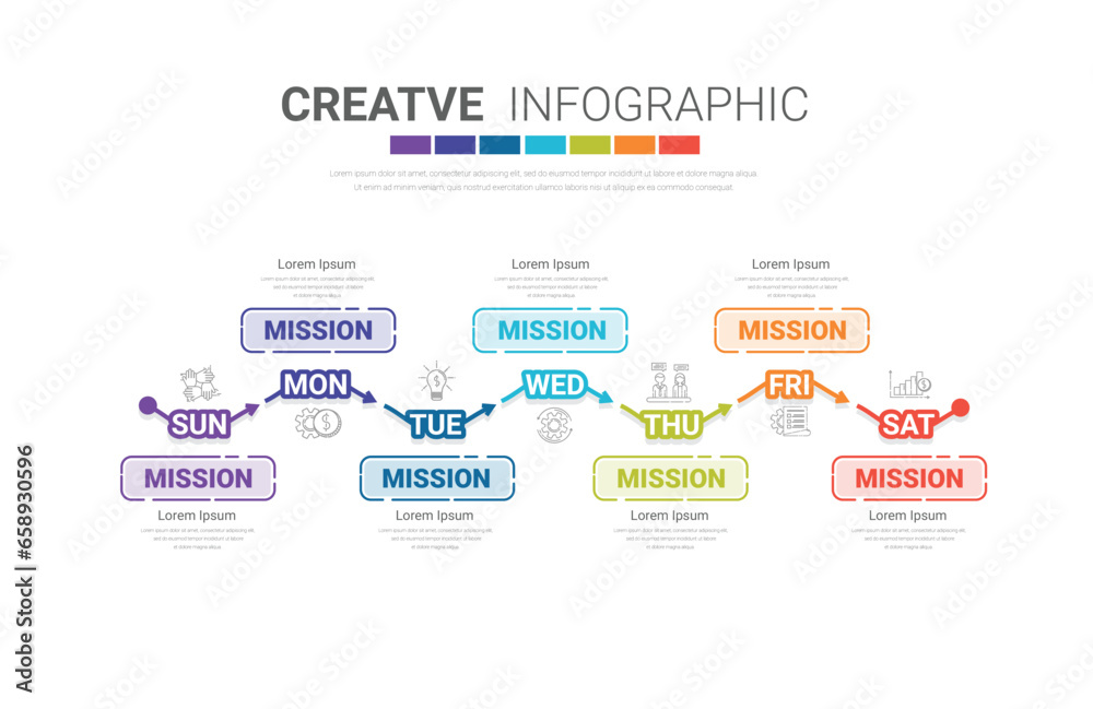 Week Timeline, Timeline diagram calendar 7 day, 7 options, infographic design vector and Presentation can be used for workflow layout, process diagram, flow chart. Week Timeline, Timeline diagram calendar 7 day, 7 options, infographic design vector and Presentation can be used for workflow layout, process diagram, flow chart.