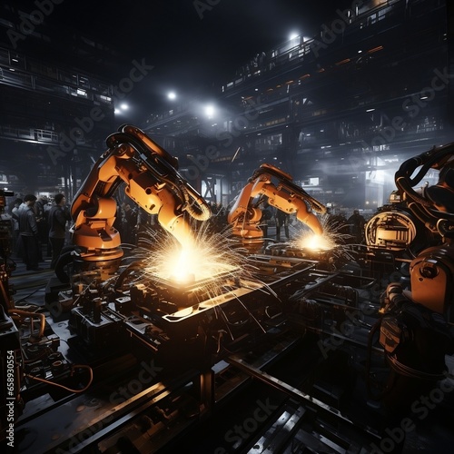 An industrial steel factory with robots, a steelworker and workers photo