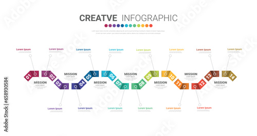 Timeline infographics design vector and marketing icons can be used for workflow layout, diagram, annual report, web design. Business concept with 14 options, steps or processes.