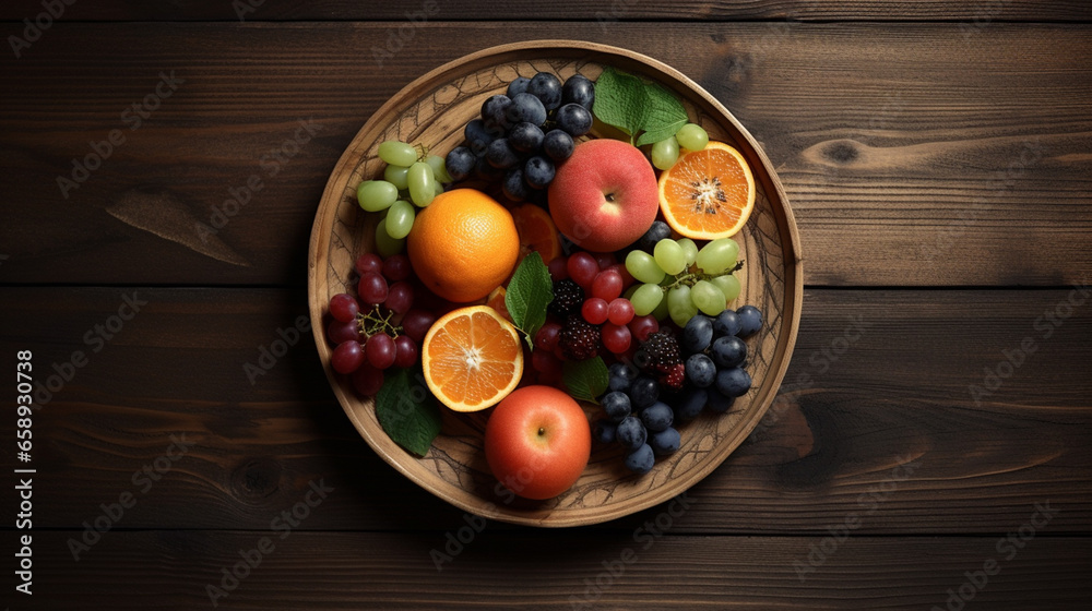fresh summer fruits and berries on a plate, on a wooden dark background. Generative AI fresh summer fruits and berries on a plate, on a wooden dark background. Generative AI