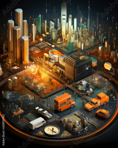 project of business buildings. big model on the table in blue and orange colors on blurred background. modern design in real estate. 