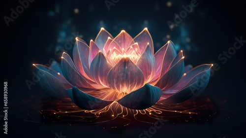 An exquisite depiction featuring a stunning lotus flower elegantly poised against a dark and dramatic background photo