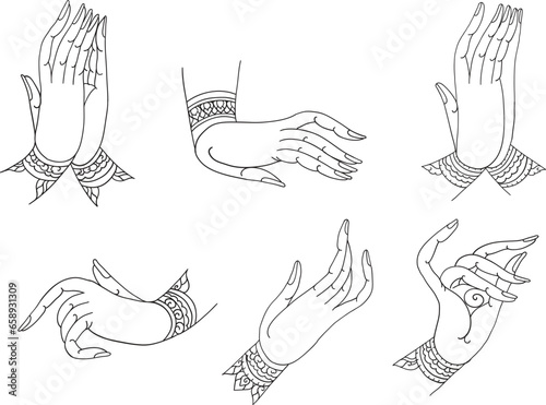 Thai Hand drawn family hands vector illustration. Line art female, male and baby hands.Concept for logo, card, banner, poster, wall art, flyer. Abstract family