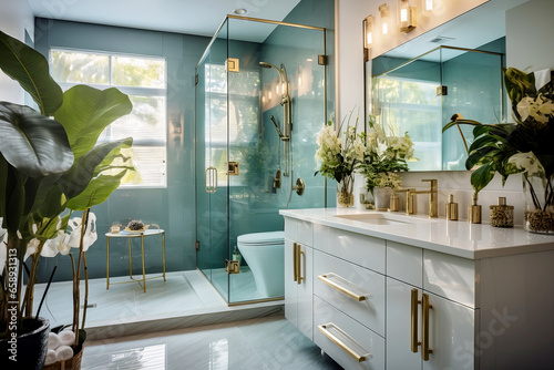 Bathroom interior design in Hollywood glamour style. 