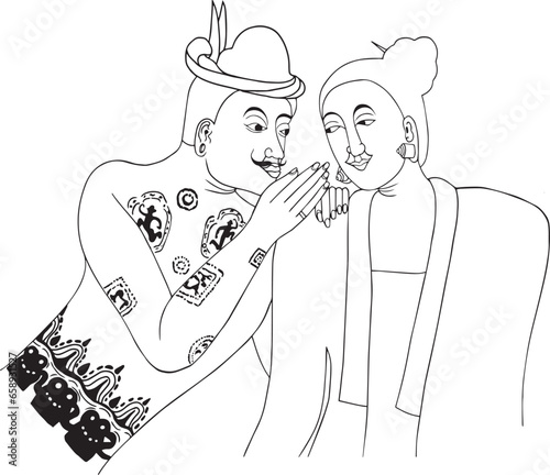 Cartoon character Kachib Rak. Northern Thailand, Nan province. Thai style women and men, Wat Phumin