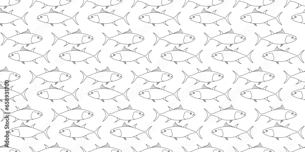 black white tuna fish seamless pattern - obrazy, fototapety, plakaty 