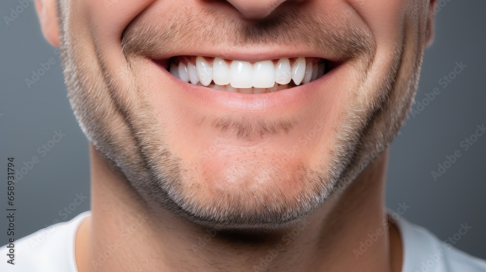 Smiling middle aged Caucasian man with perfectly white even teeth. Smiling mouth close up. Tooth whitening concept. Photo on grey background. Smiling middle aged Caucasian man with perfectly white even teeth. Smiling mouth close up. Tooth whitening concept. Photo on grey background.