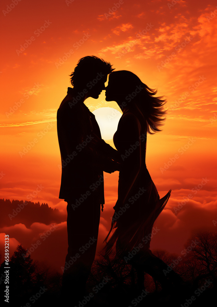 Young couple man and woman kissing - only their silhouette.