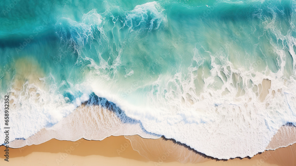 An aerial view captures crashing waves along the shoreline of a tropical beach, offering an abstract perspective of the ocean's dynamic surf An aerial view captures crashing waves along the shoreline of a tropical beach, offering an abstract perspective of the ocean's dynamic surf
