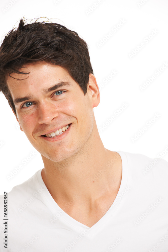 Fototapeta premium Face, portrait and happy young man with fashion, skincare and relaxed with white studio background. Caucasian model, smile and natural aesthetic with close up for cosmetic, clean skin and confident