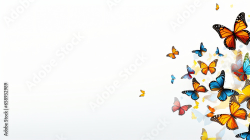 A group of butterflies flying through the air on a white