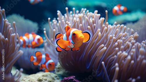  A group of clown fish swimming around anemone.