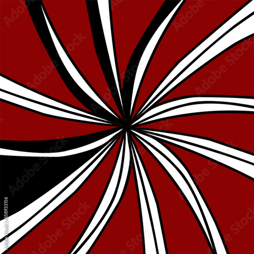 Black and white floral, radial lines isolated on red background. Elegant vector design.