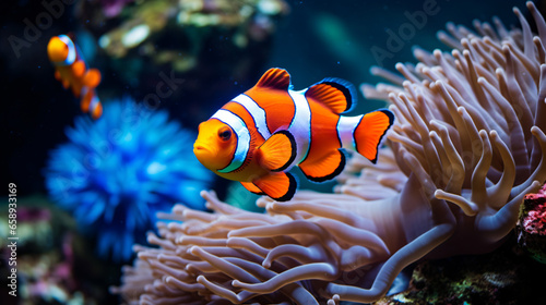  A group of clown fish swimming around anemone.