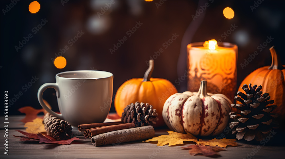 Fototapeta premium Cup of aromatic tea, candle, pumpkins and autumn leaves on wooden table