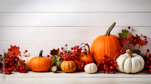 Colorful leaves and pumpkins on white wooden background
