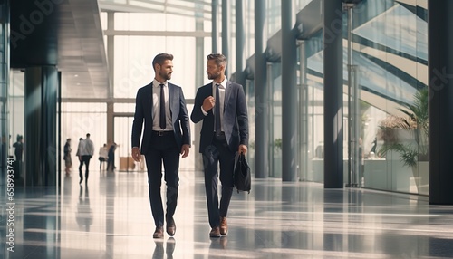 Two businessmen are walking and talking through the modern hallway of a business building.
