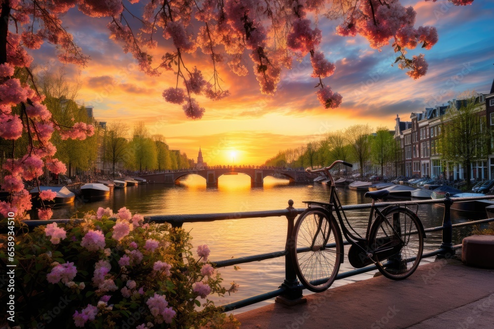 Beautiful sunset over the Amstel river, Amsterdam, Netherlands, Beautiful sunrise over Amsterdam, The Netherlands, with flowers and bicycles on the bridge in spring, AI Generated