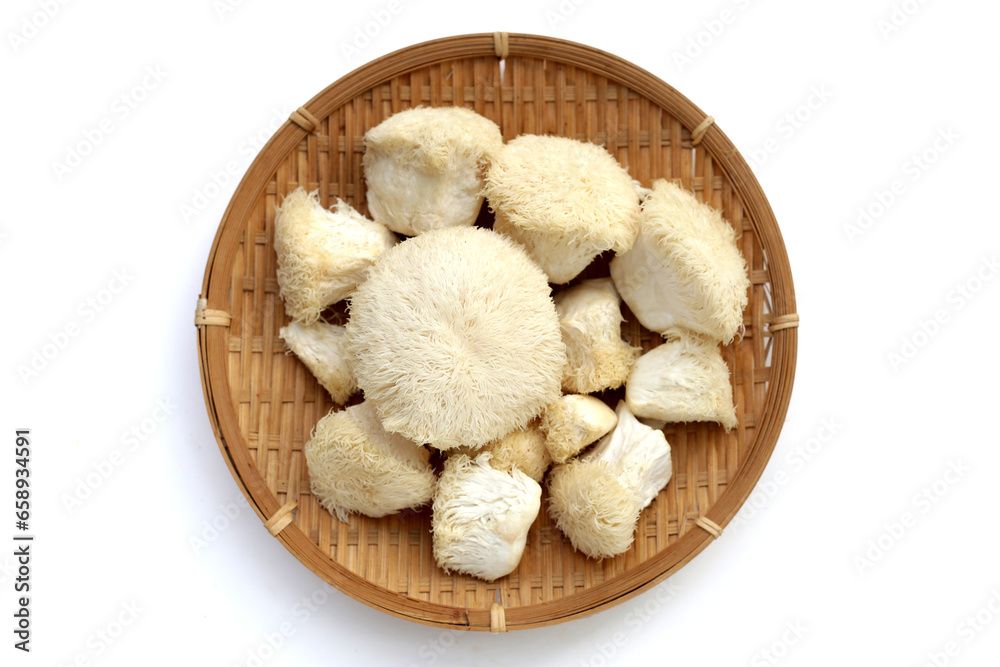 Fototapeta premium Fresh lion's mane mushroom on white background. (Yamabushitake Mushroom)