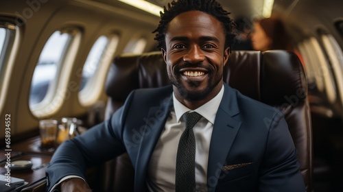 Black businessman traveling by private plane