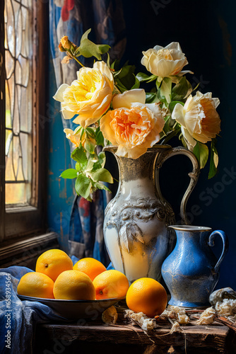 Vase filled with yellow flowers next to pile of oranges.