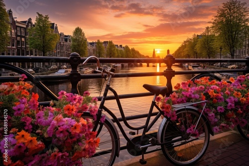 Beautiful sunset over Amsterdam canals with bicycles and colorful flowers. Beautiful sunrise over Amsterdam, The Netherlands, with flowers and bicycles on the bridge in spring, AI Generated © Iftikhar alam