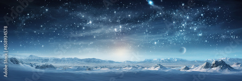 Panoramic snowy background at night, winter wonderland, sky and stars, tranquil scene © IonelV