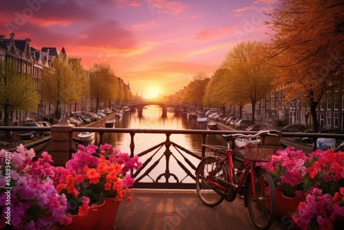 Amsterdam canals at beautiful sunset in spring, Holland, Netherlands, Beautiful sunrise over Amsterdam, The Netherlands, with flowers and bicycles on the bridge in spring, AI Generated
