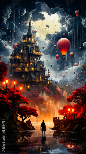 Image of city with hot air balloons floating in the sky. © valentyn640